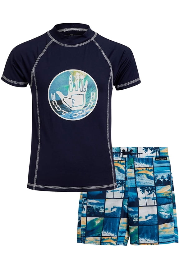 Boys’ Rash Guard Set – UPF 50+ Short Sleeve Swim Shirt and Bathing Suit Trunks – Swimwear Set for Boys (4-12)