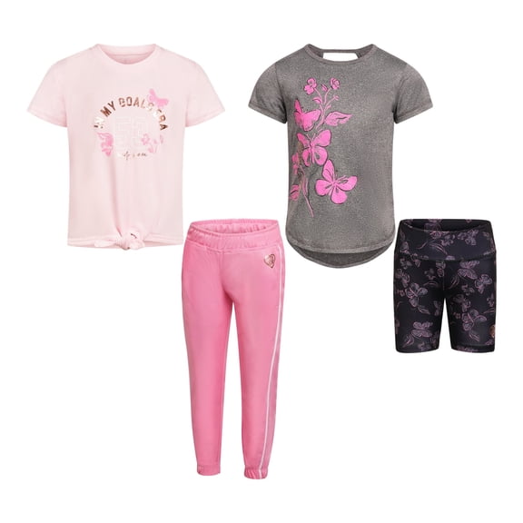 Body Glove Clothes Girls’ 4-Piece Active Outfit Set – Includes 2 Graphic Tees, Jogger Pants & Shorts, Comfortable Everyday Clothing for Toddler to Big Girls Sizes (2T-12)