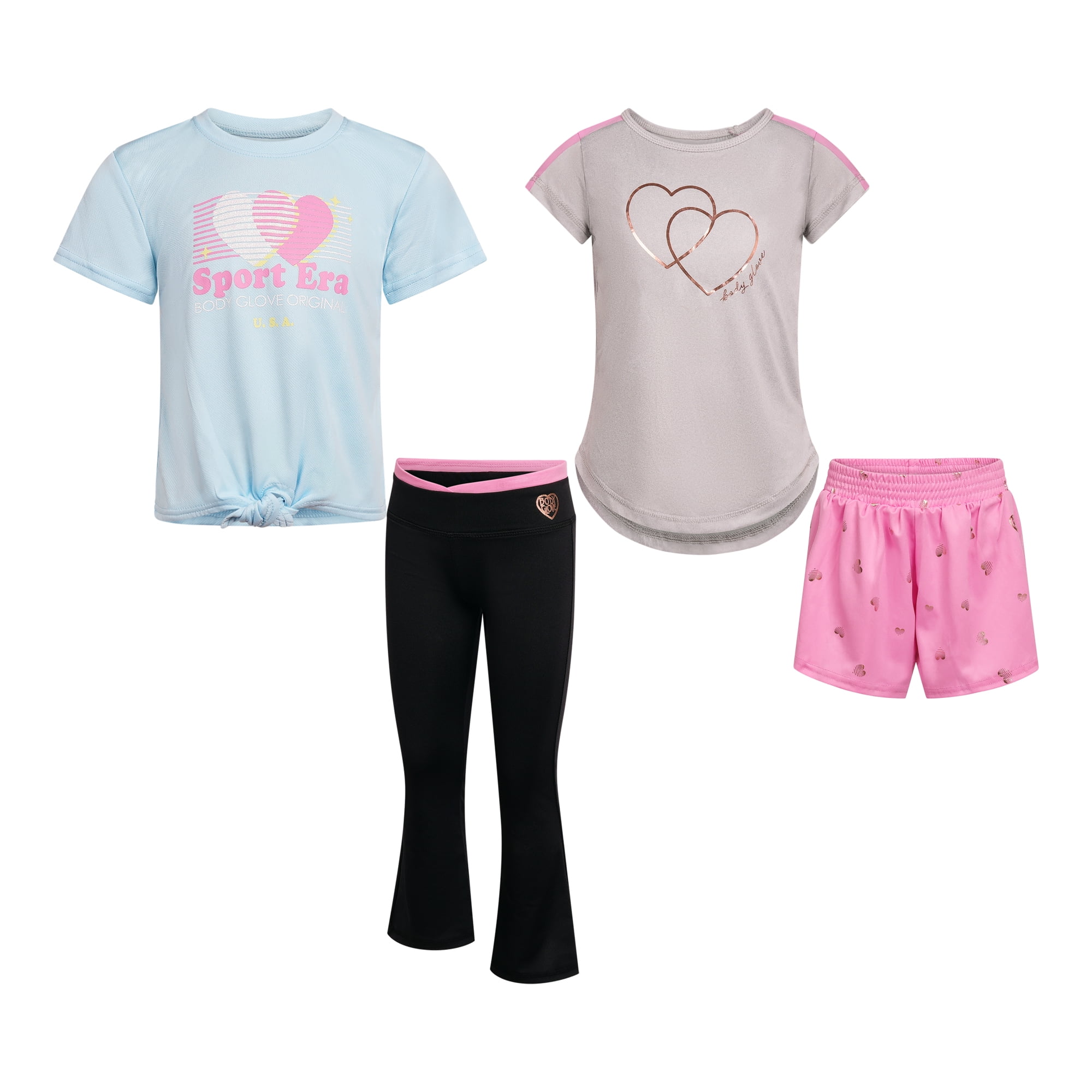 Body Glove Clothes Girls’ 4-Piece Active Outfit Set – Includes 2 Graphic Tees, Jogger Pants & Shorts, Comfortable Everyday Clothing for Toddler to Big Girls Sizes (2T-12)