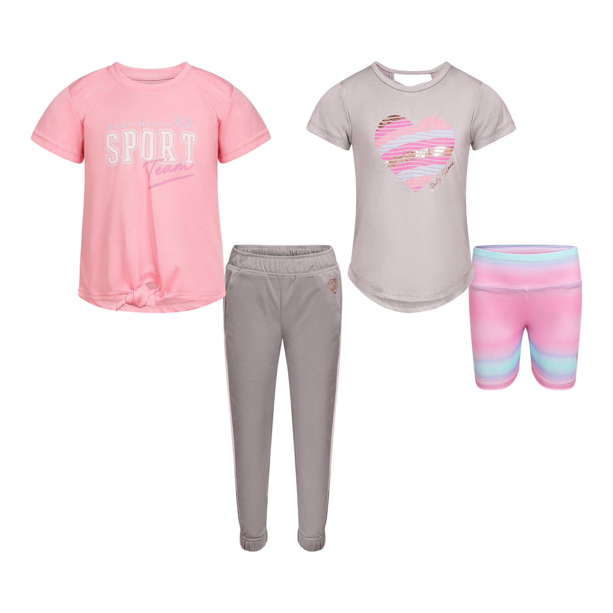 Body Glove Clothes Girls’ 4-Piece Active Outfit Set – Includes 2 Graphic Tees, Jogger Pants & Shorts, Comfortable Everyday Clothing for Toddler to Big Girls Sizes (2T-12)