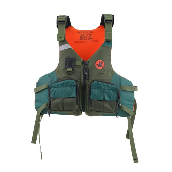 Body Glove Adult Fishing PFD Life Jacket and Vest, Zipper, Unisex, Dual Size L/XL, Green