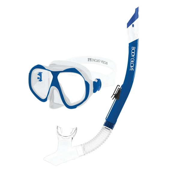 Body Glove Enlighten II Large/XL Diving Snorkel and Goggles Mask Set, Clear/Blue
