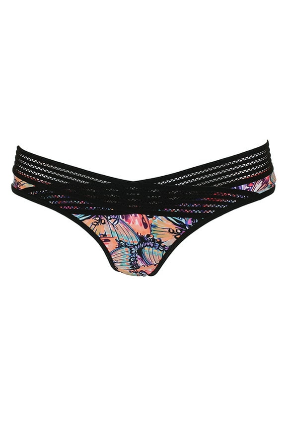 Juniors Pink  Black Lola Butterfly-Print Mesh-Trim Bikini Bottom M