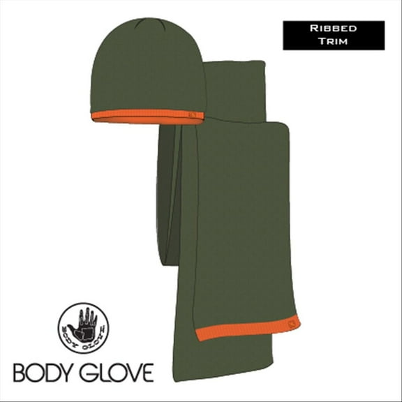Body Glove MN Rib Trimmed Hat & Scarf Set - Olive/Orange Whip