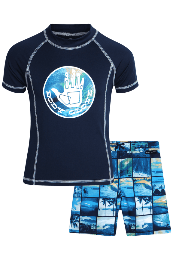 Boys' Rash Guard Set - UPF 50+ Short Sleeve Swim Shirt and Bathing Suit Trunks - Swimwear Set for Boys (4-12)