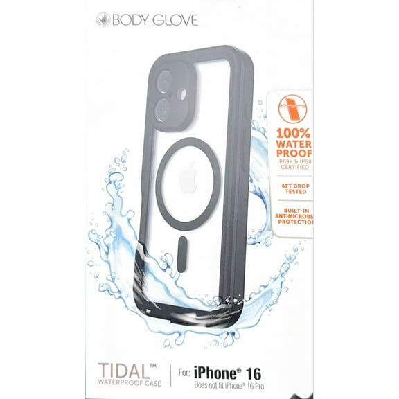 Body Glove Tidal Waterproof with MagSafe Case for iPhone 16, Black/Clear