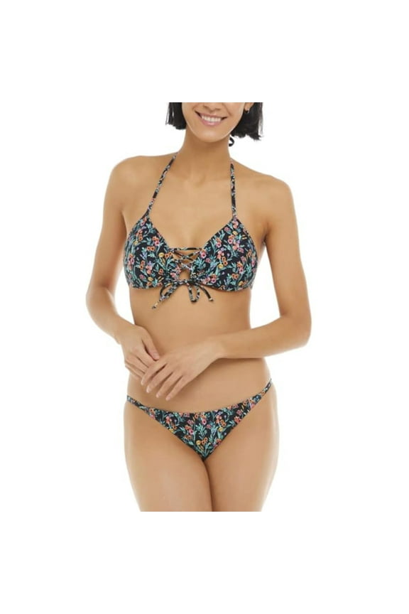 Women's Abloom Baby Love Floral Bikini Top and Bottoms Swim Set (Black, S)