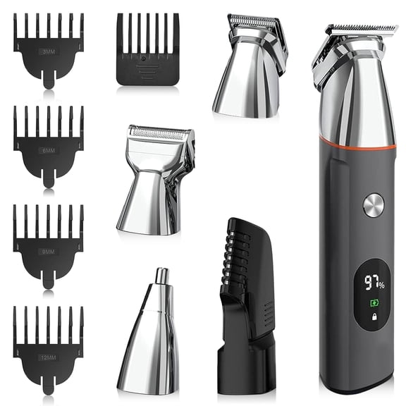 Body Hair Trimmer for Men, 5 in 1 Electric Razor with LED Display, Adjustable Guide Comb, Waterproof Body Groomer Trimmer for Pubic Groin Nose Hair, Black