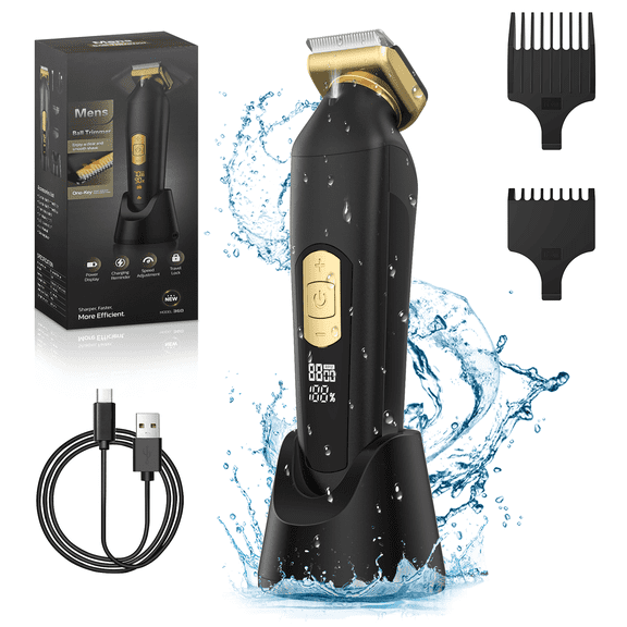 Body Hair Trimmer for Men, Electric Groin Hair Trimmer for Men with Safe Blade, Cordless Ball Shaver Men w/Light, Charging Dock, Waterproof Wet/Dry Clippers, LED Display