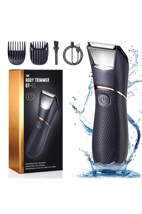 Body Hair Trimmer for Men, Electric Groin Ball Shaver Razor with Mirror & LED Light, IPX7 Waterproof Ceramic Blade Pubic Hair Groomer, Type-C Rechargeable Cordless Bikini Trimmer, 2 Combs