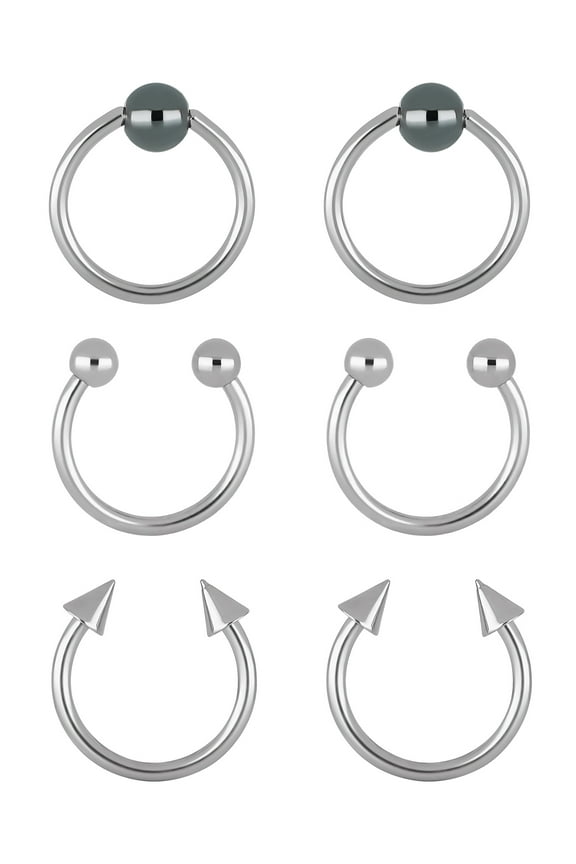 Unisex 16 Gauge Stainless Steel Horseshoe and Captive Bead Rings, 3-Pack