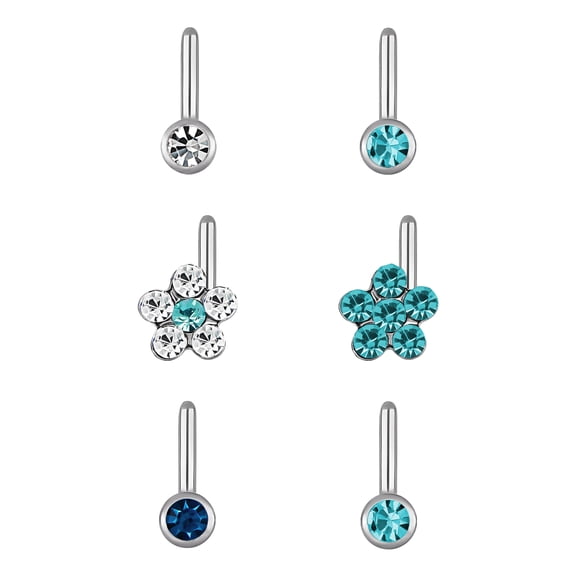Body Jewelry- Adult Women's 22 Gauge Stainless Steel Multi Shape Crystal Nose Rings, 6 Pack