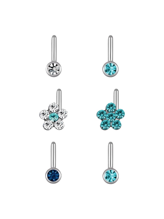- Adult Women's 22 Gauge Stainless Steel Multi Shape Crystal Nose Rings, 6 Pack