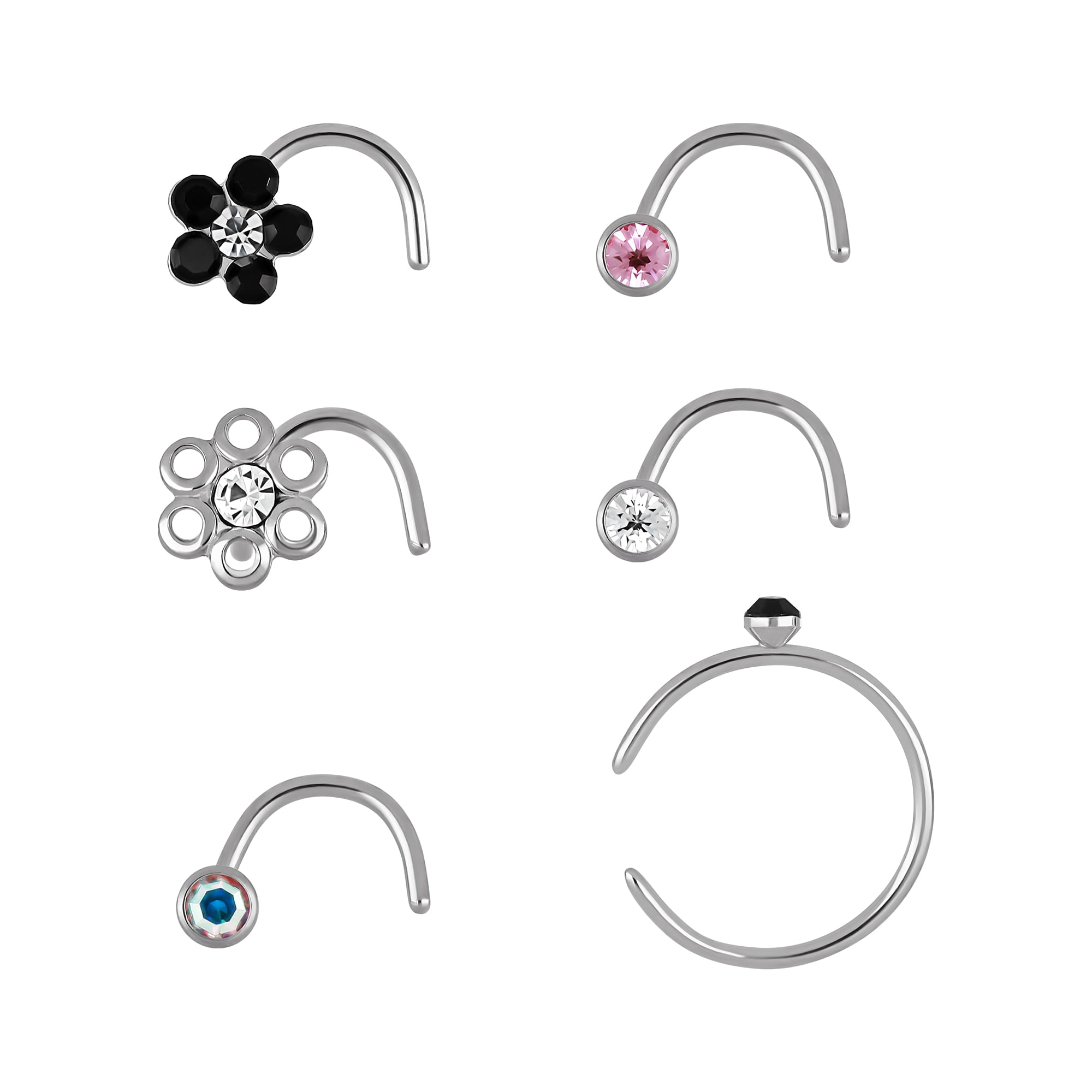 Adult Women's Stainless Steel 22G Multi Shape Crystal Stud Nose Rings, 6 Pack