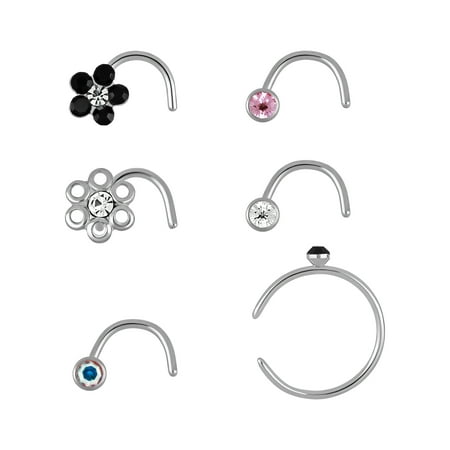 Adult Women's Stainless Steel 22G Multi Shape Crystal Stud Nose Rings, 6 Pack
