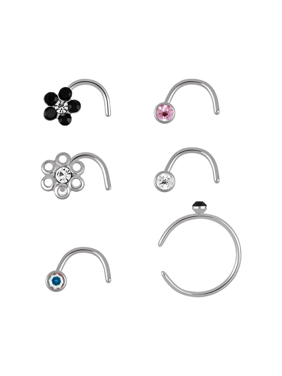 Adult Women's Stainless Steel 22G Multi Shape Crystal Stud Nose Rings, 6 Pack