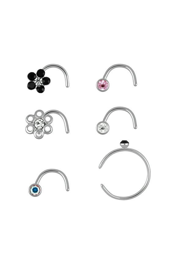 - Adult Women's Stainless Steel 22G Multi Shape Crystal Stud Nose Rings, 6 Pack