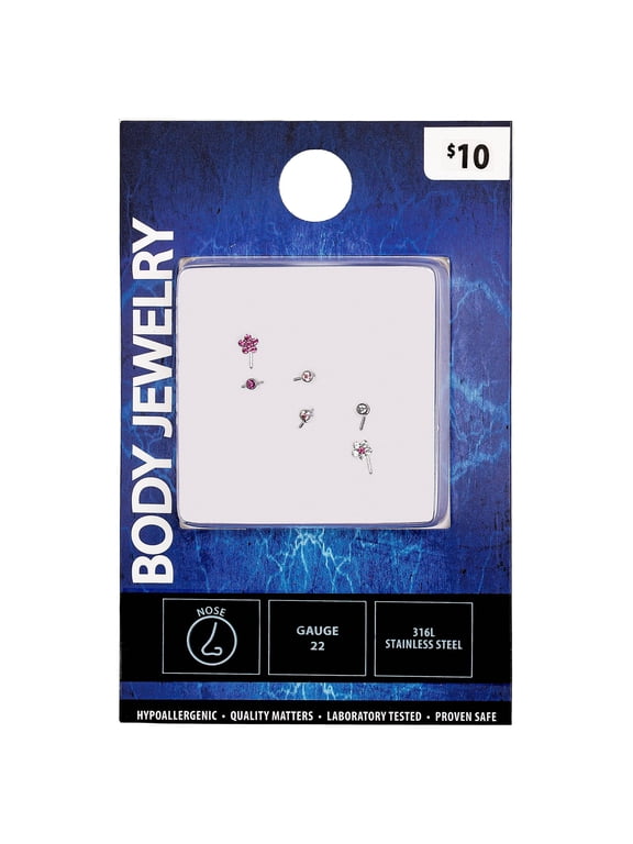 Adult Women's Pink Flower 22G Stud Nose Ring 6-Pack, Stainless Steel Body Jewelry