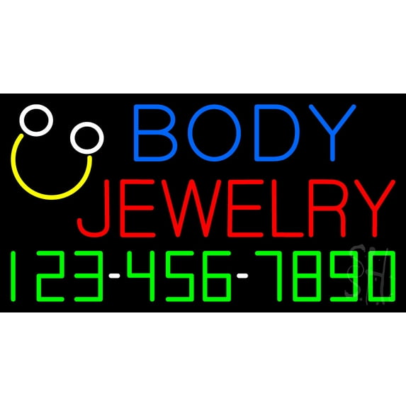 Body Jewelry with Phone Number LED Neon Sign 20 x 37 - inches, Black Square Cut Acrylic Backing, with Dimmer - Bright and Premium built indoor LED Neon Sign for Defence Force.
