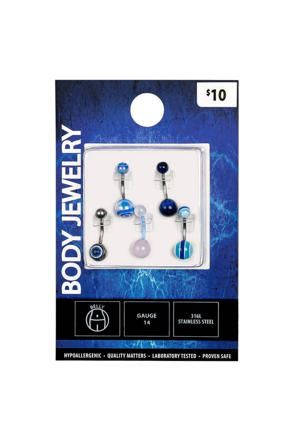 Women's 14 Gauge Stainless Steel Assorted Belly Ring, 5 Pack