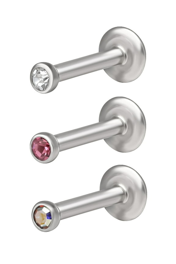 , Women's 16 Gauge Stainless Steel Assorted Crystal Labret & Monroe, 3 Pack