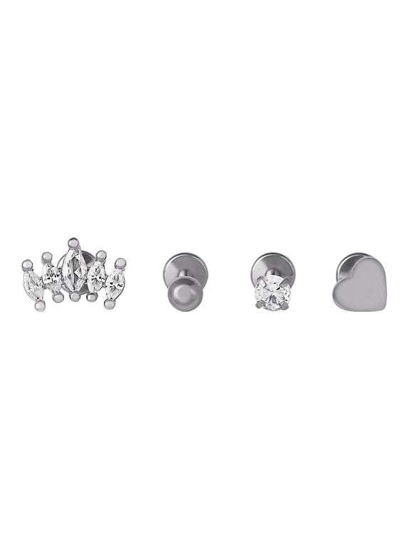 Women's Stainless Steel 16G Cartilage Piercing Set with Cubic Zirconia, 4 Pack
