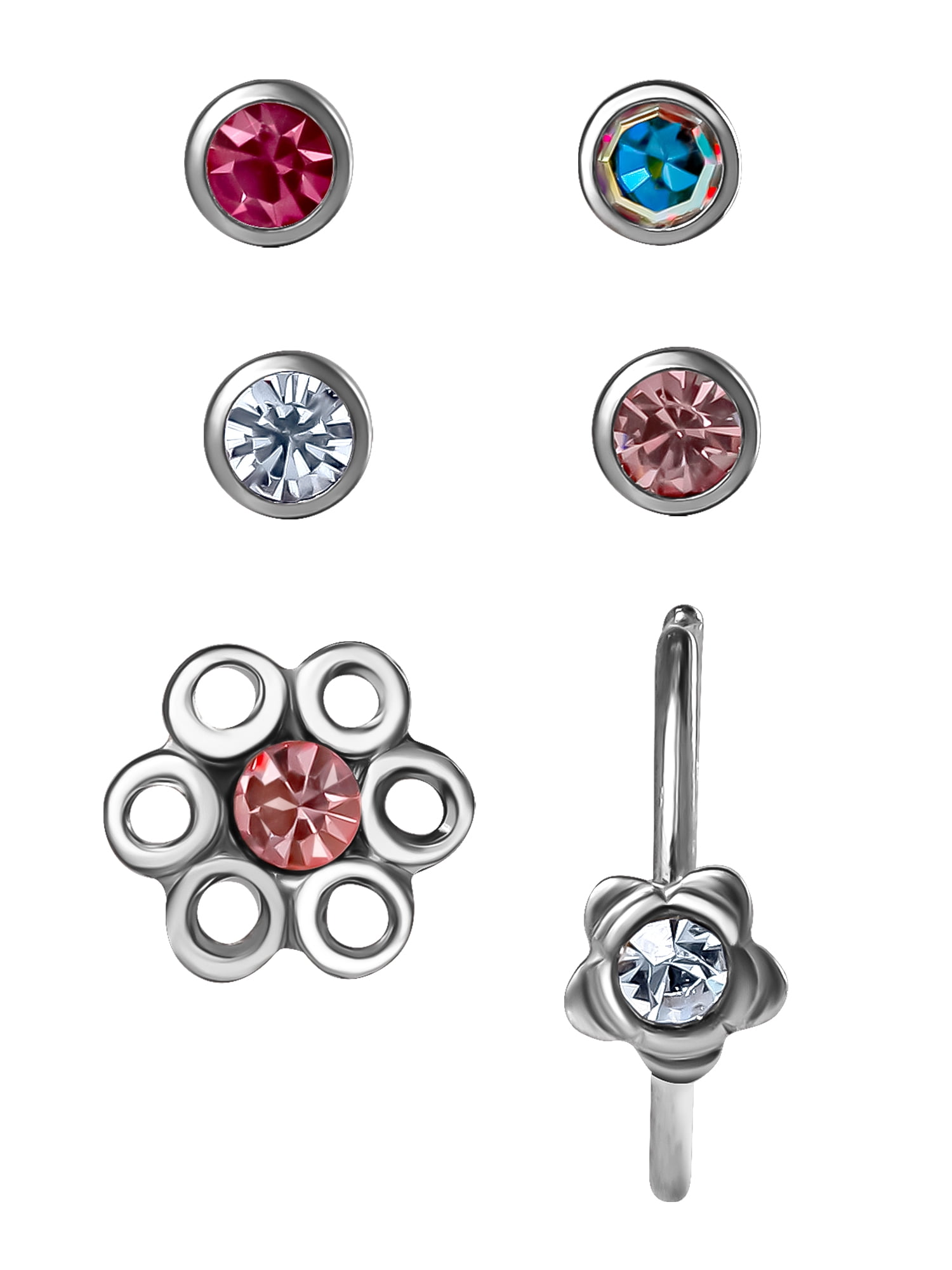 Body Jewelry Women's 16G Pink Crystal Flowers Nose Studs & Hoop, 6 Pack