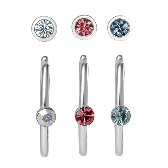 Body Jewelry Women's 16G Surgical Steel Crystal Nose Studs and Hoops in Mixed Colors, 6 Pack