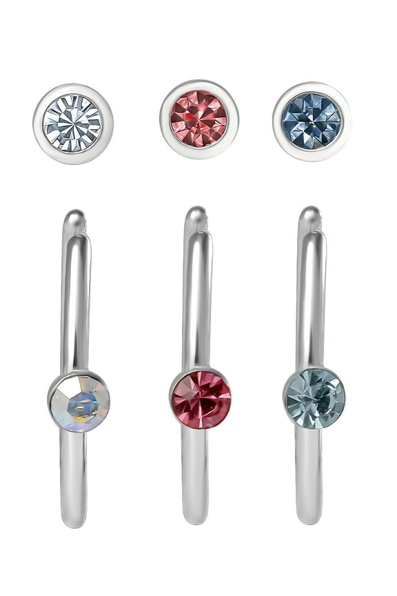 Body Jewelry Women's 16G Surgical Steel Crystal Nose Studs and Hoops in Mixed Colors, 6 Pack