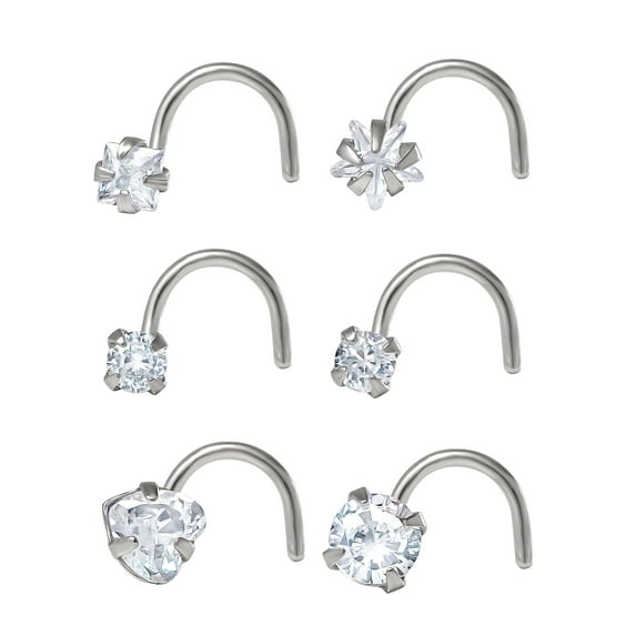 Body Jewelry Women's Adult 22G Stainless-Steel Multi Shape Crystal Nose Ring, 6 Pack