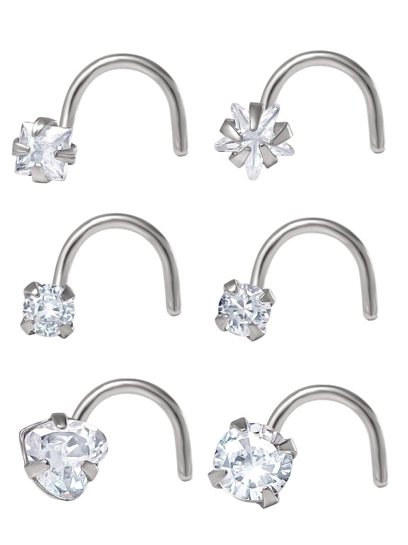 Women's Adult 22G Stainless-Steel Multi Shape Crystal Nose Ring, 6 Pack