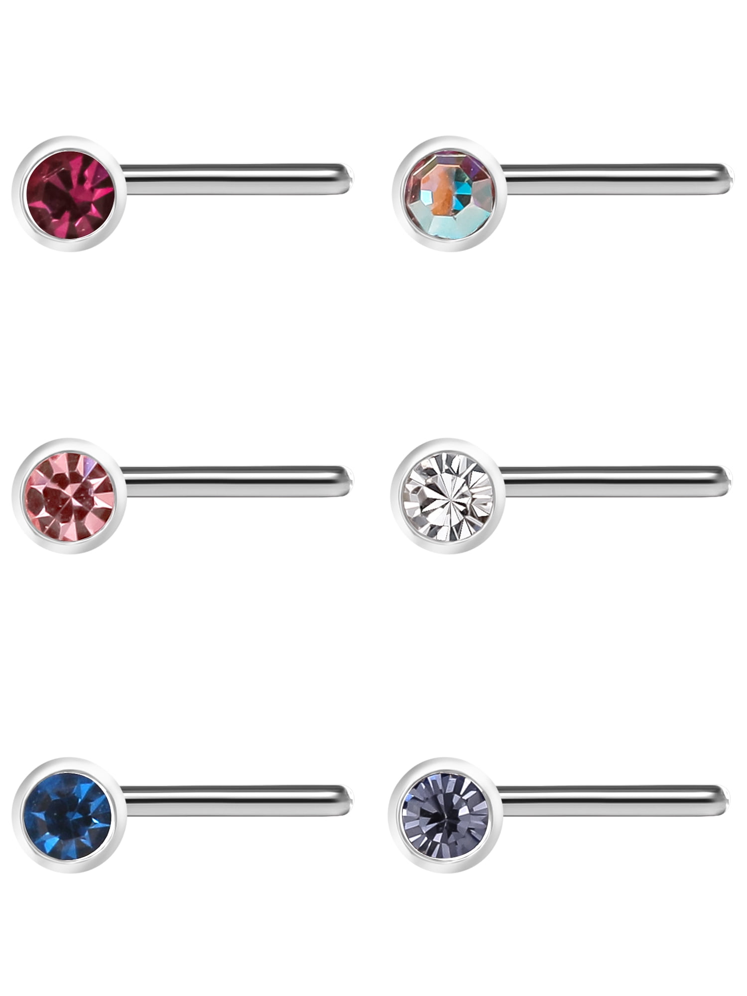 Women's Multi-Colored Crystal Stainless Steel 22G Nose Studs Set, 6-Pack