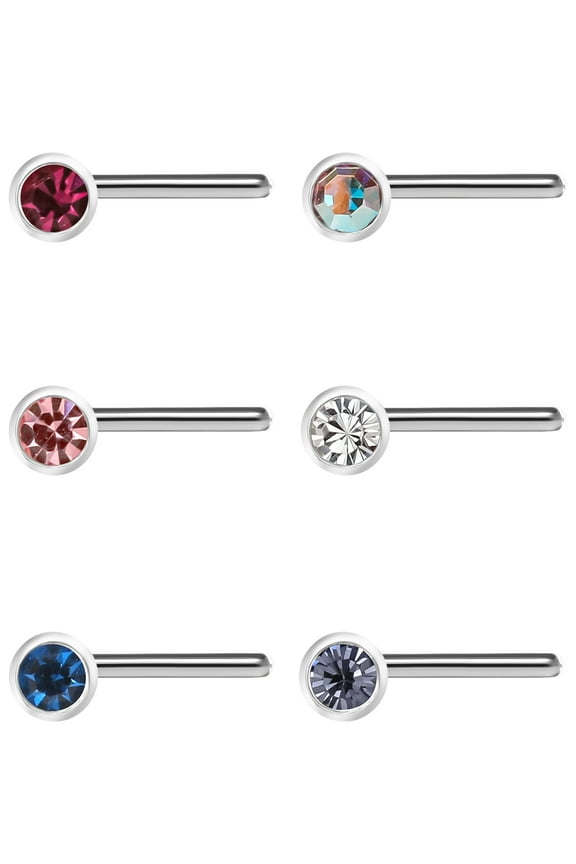 Women's Assorted Multi-Colored Crystal Stainless Steel 22G Nose Studs, 6