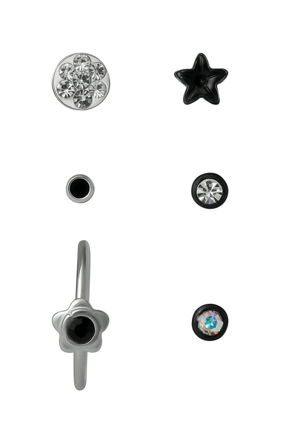 Women's Jewelry 22G Stainless Steel Multi Color Hoop and Stud Nose Rings, 6 Pack