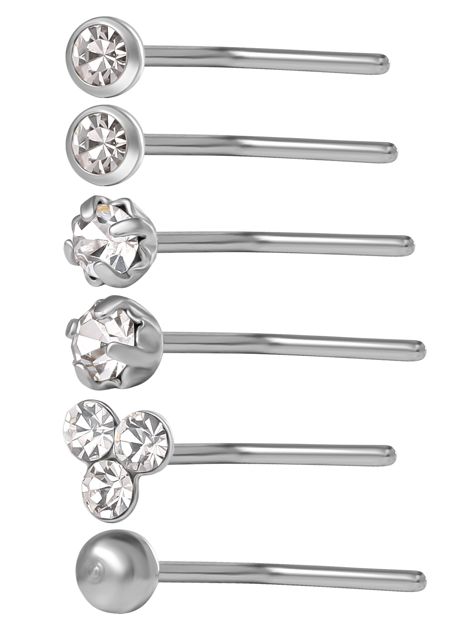 Women's Stainless Steel L-Shaped Nose Studs with Clear Crystal Value Pack