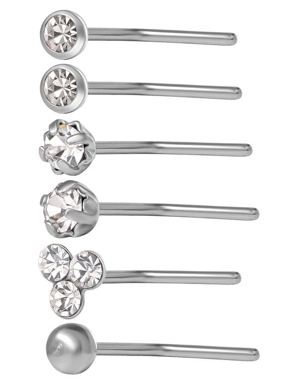Women's Stainless Steel L-Shaped Nose Studs with Clear Crystal Value Pack