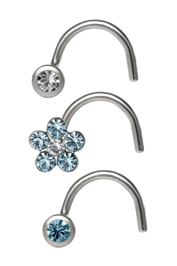 Women's Nose Studs, Stainless Steel with Blue Crystals Flower