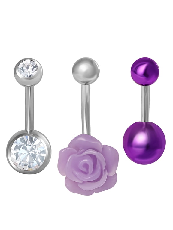 Women's Silver Tone 14G Belly Ring 3-Pack with Purple Crystal and Rose Design