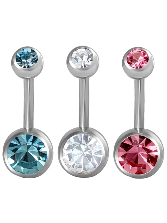 Women's Stainless Steel 14G Multicolor Crystal Belly Rings, 3 Pack