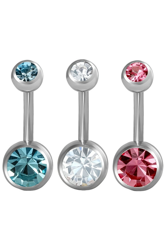 Women's Stainless Steel 14 Gauge Multicolor Crystal Belly Rings, 3 Pack