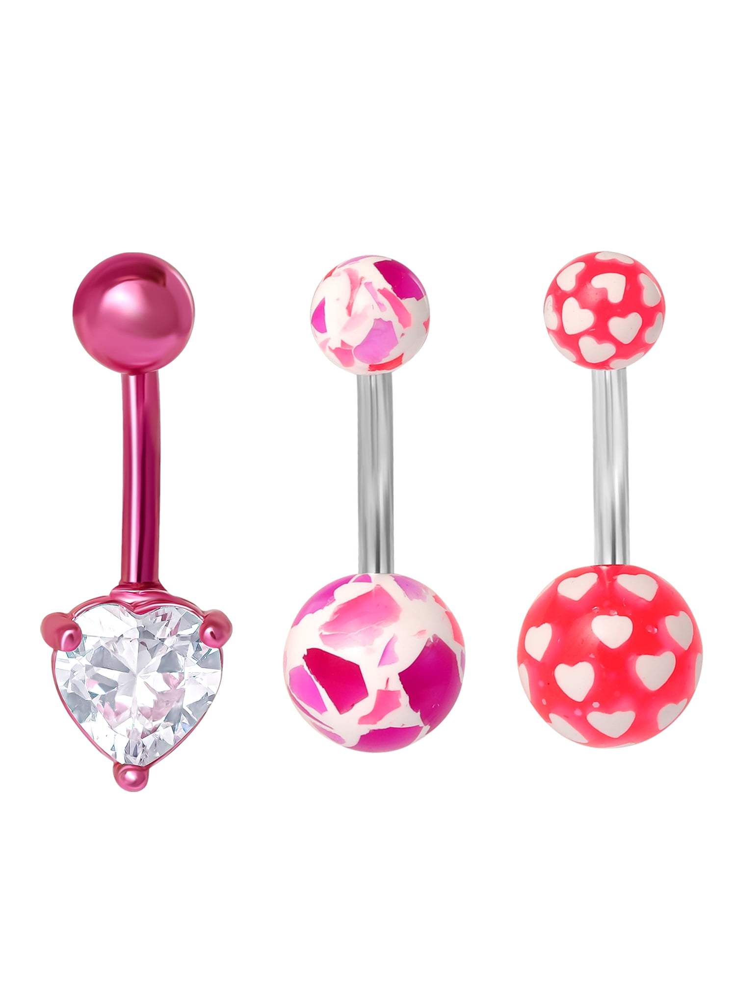 Women’s Stainless-Steel 14G Assorted Pink Belly Rings, 3-Pack Body Jewelry