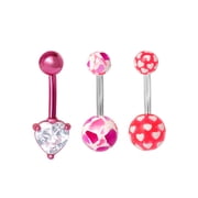Women’s Stainless-Steel 14G Assorted Pink Belly Rings, 3-Pack Body Jewelry