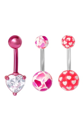 Womens Stainless-Steel 14G Assorted Pink Belly Rings, 3-Pack Body Jewelry
