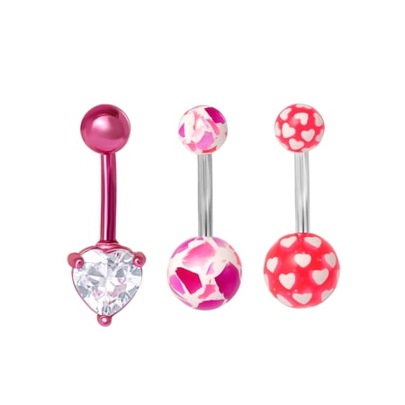 Women’s Stainless-Steel 14G Assorted Pink Belly Rings, 3-Pack Body Jewelry