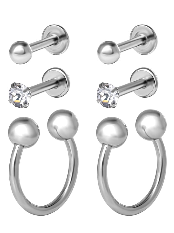 Women's Stainless Steel 16 Gauge Crystal Labret & Monroe Nose Ring Set, 4-Pack