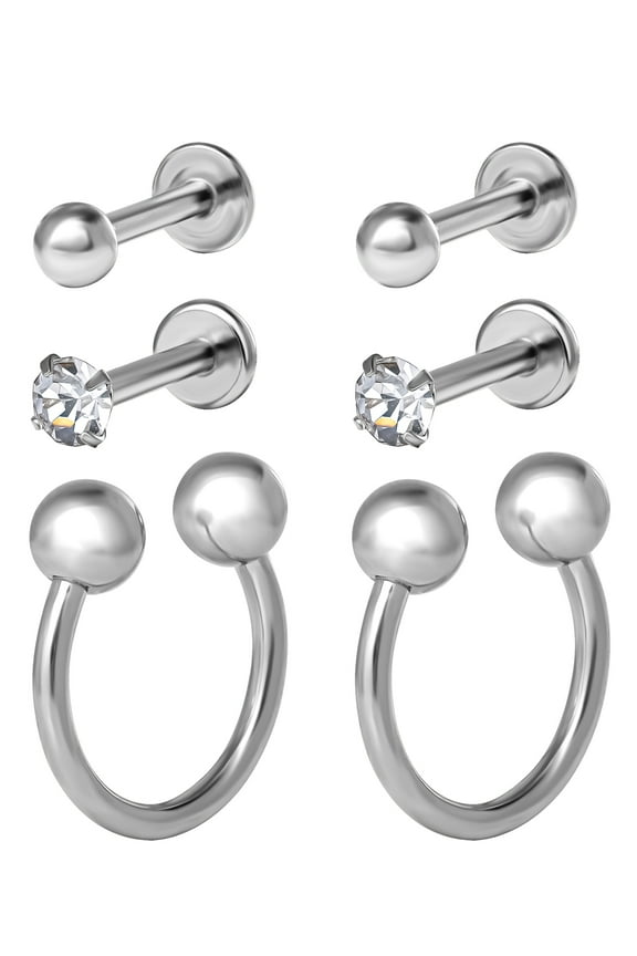Women's Stainless Steel 16 Gauge Crystal Labret & Monroe Nose Ring, 4 Pack