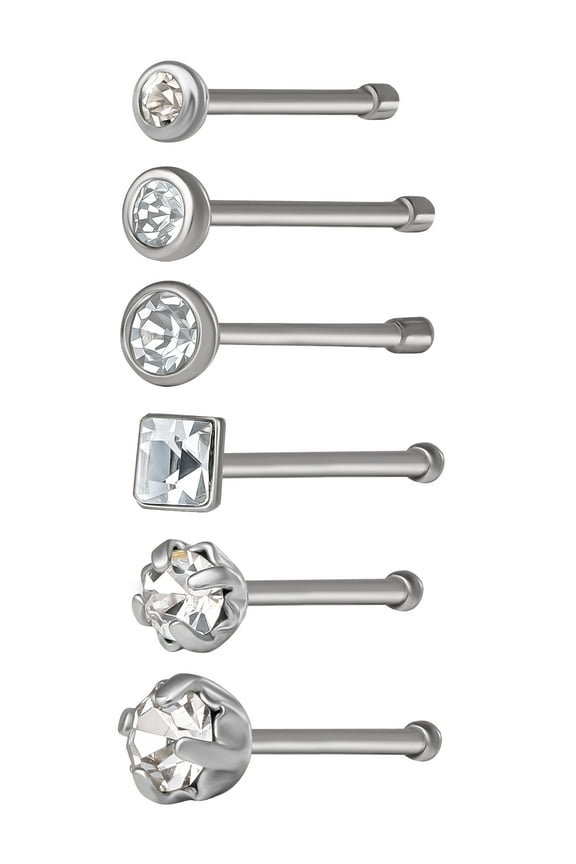 Women's Stainless Steel 22G Crystal Stud Nose Rings, 6 Pack
