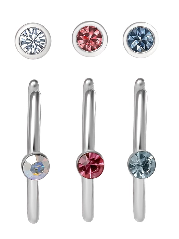 Women's Stainless Steel 22G Crystal Nose Rings 6 Pack - Hoop and Stud Set