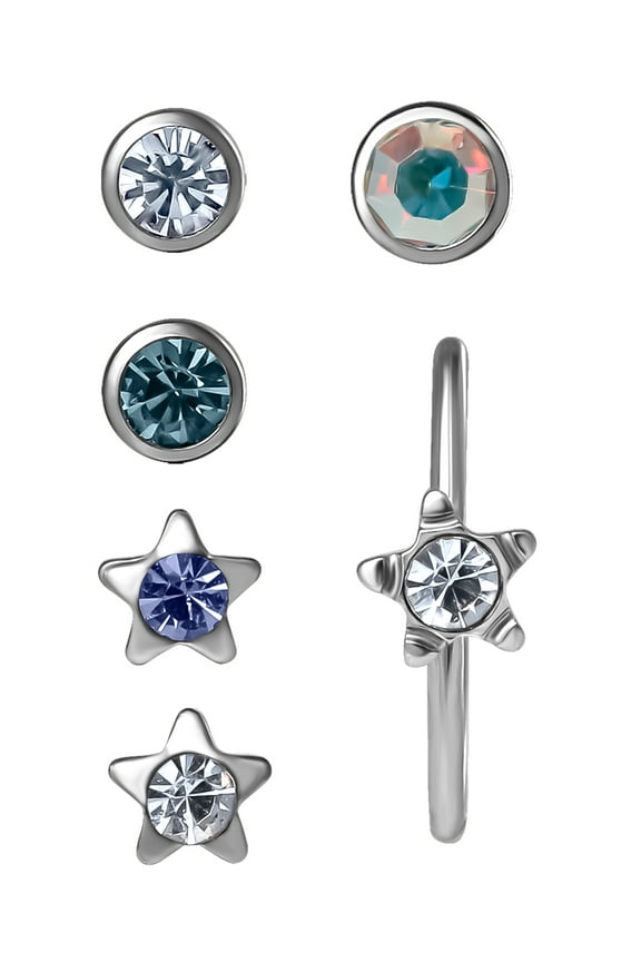 , Women's Stainless Steel 22G Star Hoop and Stud Nose Rings, 6 Pack