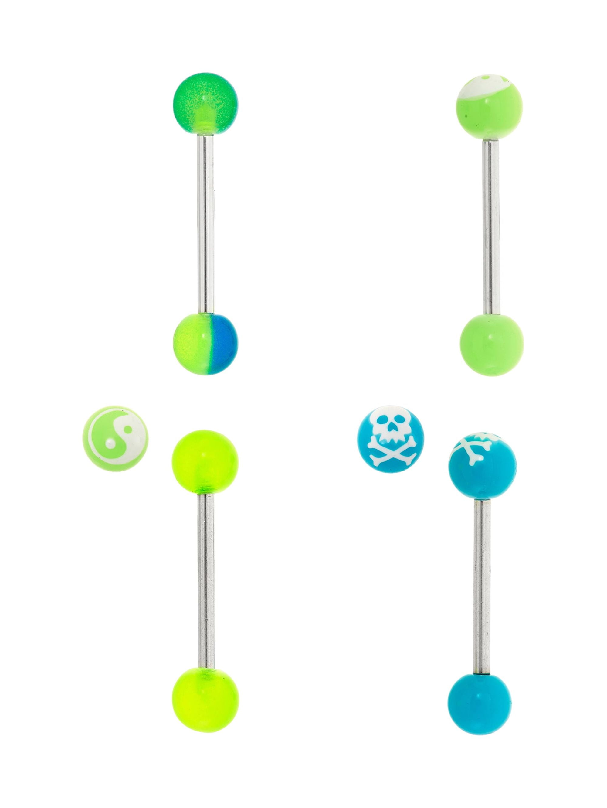 Body Jeweltry 316L Steel and Surgical Grade Material 4-Piece Glow-in-the-Dark Ball Barbell Tongue Set